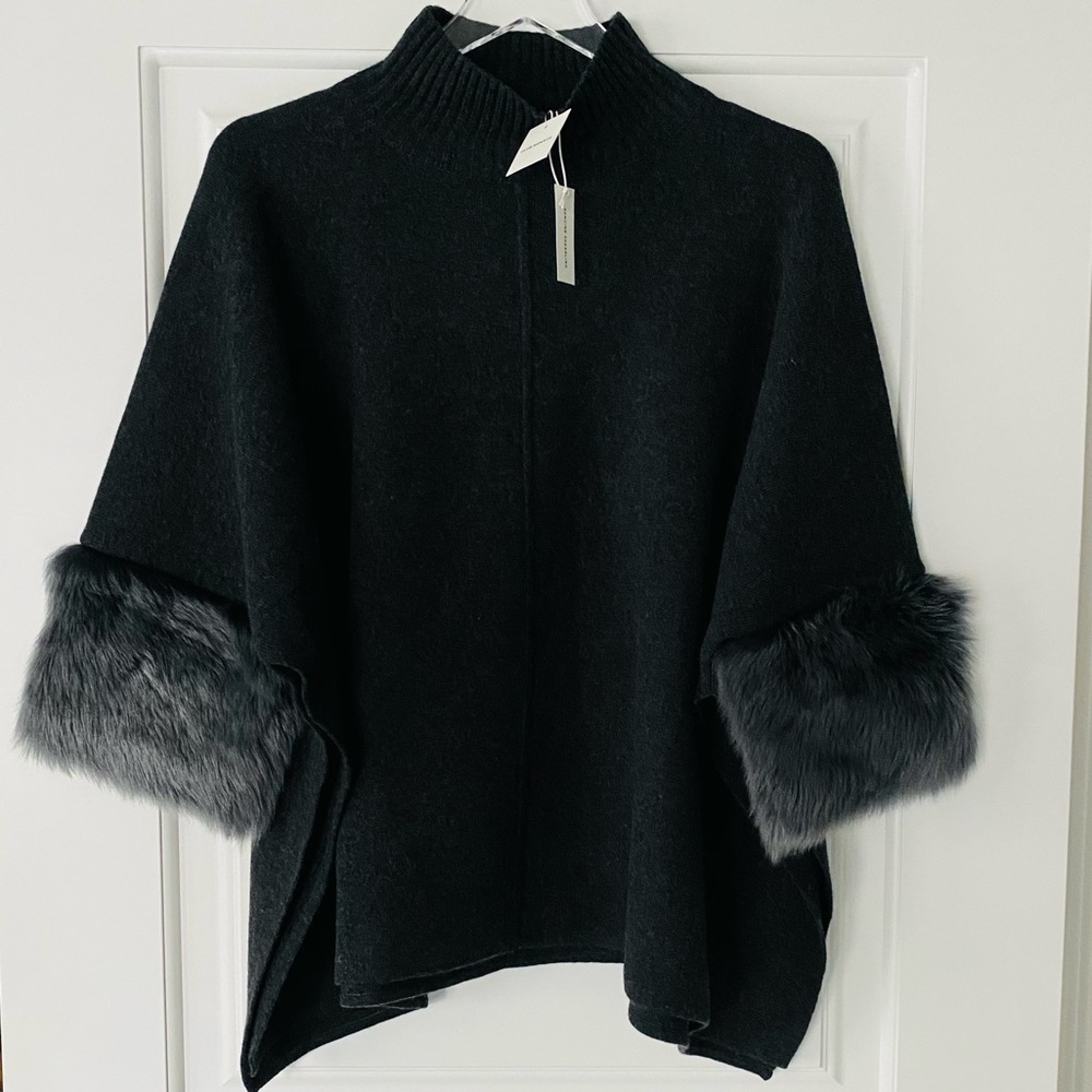 Brand new CLUB MONCO Cashmere-Blend Poncho with Real Shearling Fur Trim Cuffs